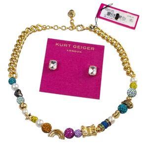 Kurt Geiger London Pave Charm Necklace Earring Set Gold Multicolor NWT $276